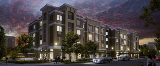 Rendering of housing complex at night 