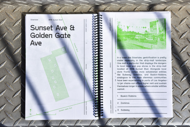 Interior of a book with the words Sunset Market Plaza