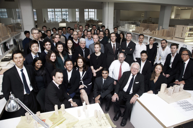 Large aerial shot of team including Richard Meier in the front