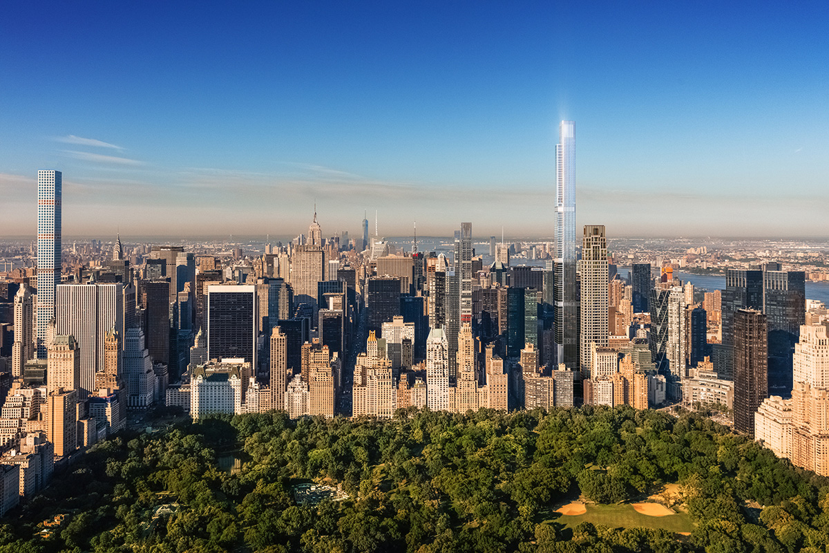 Aerial rendering looking at Central Park South of supertall buildings
