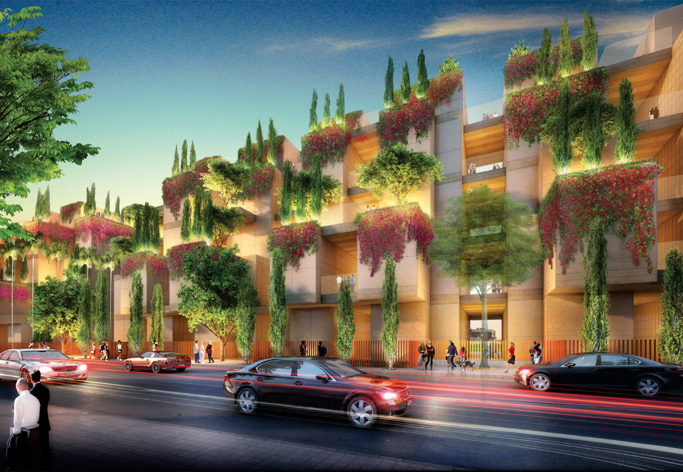 Rendering of a towering addition next to the for Hollywood Forever Cemetery with plants