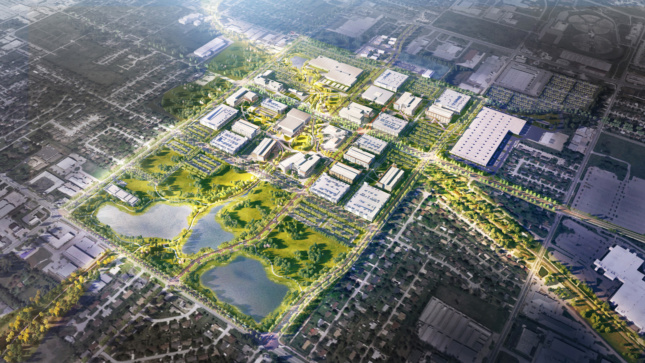 Aerial rendering of a sprawling campus