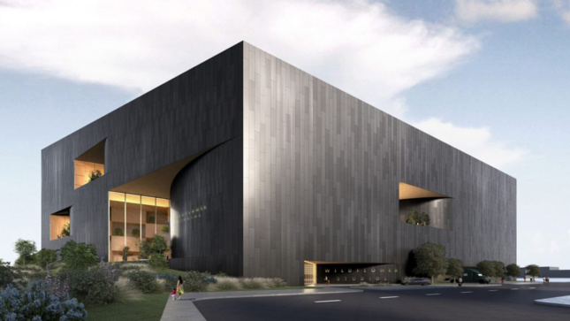 Exterior rendering of silver boxy structure housing film studio owned by Robert De Niro
