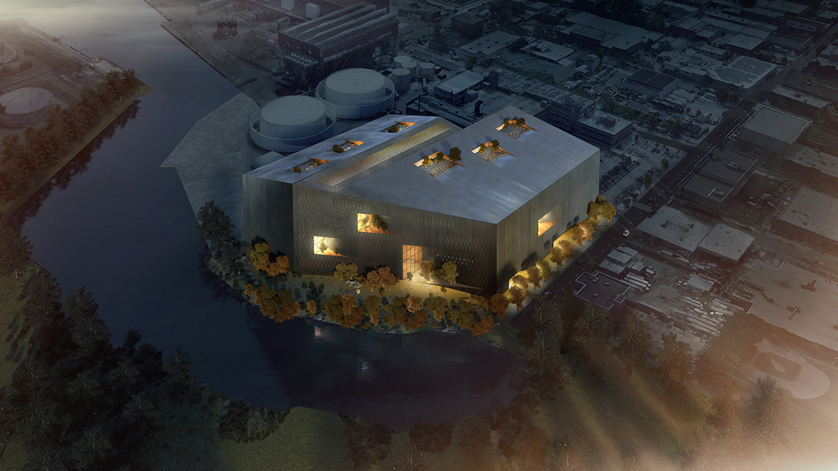 Aerial rendering of film production studio lit up at night, owned by Robert De Niro