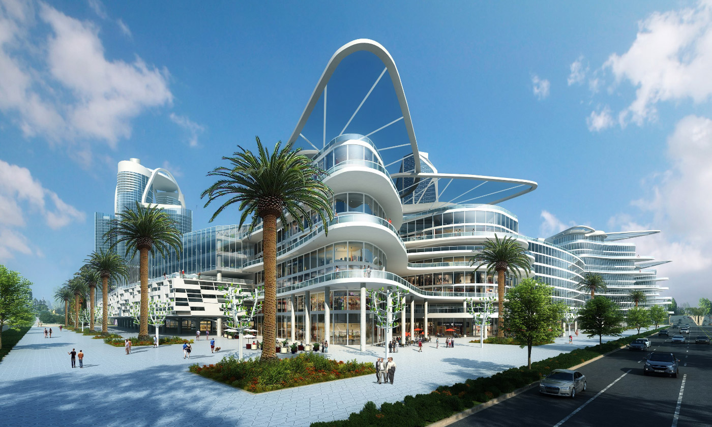 Rendering of a group of curvilinear glass and concrete buildings surrounded by palm trees; Bleutech Park