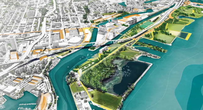 Rendering of an elevated beltline system over a waterfront
