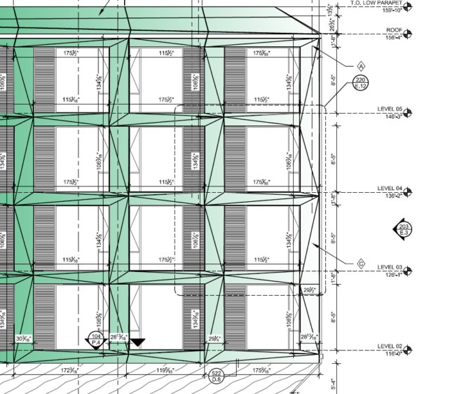 Detail of facade modules that depict extruded window frames in green