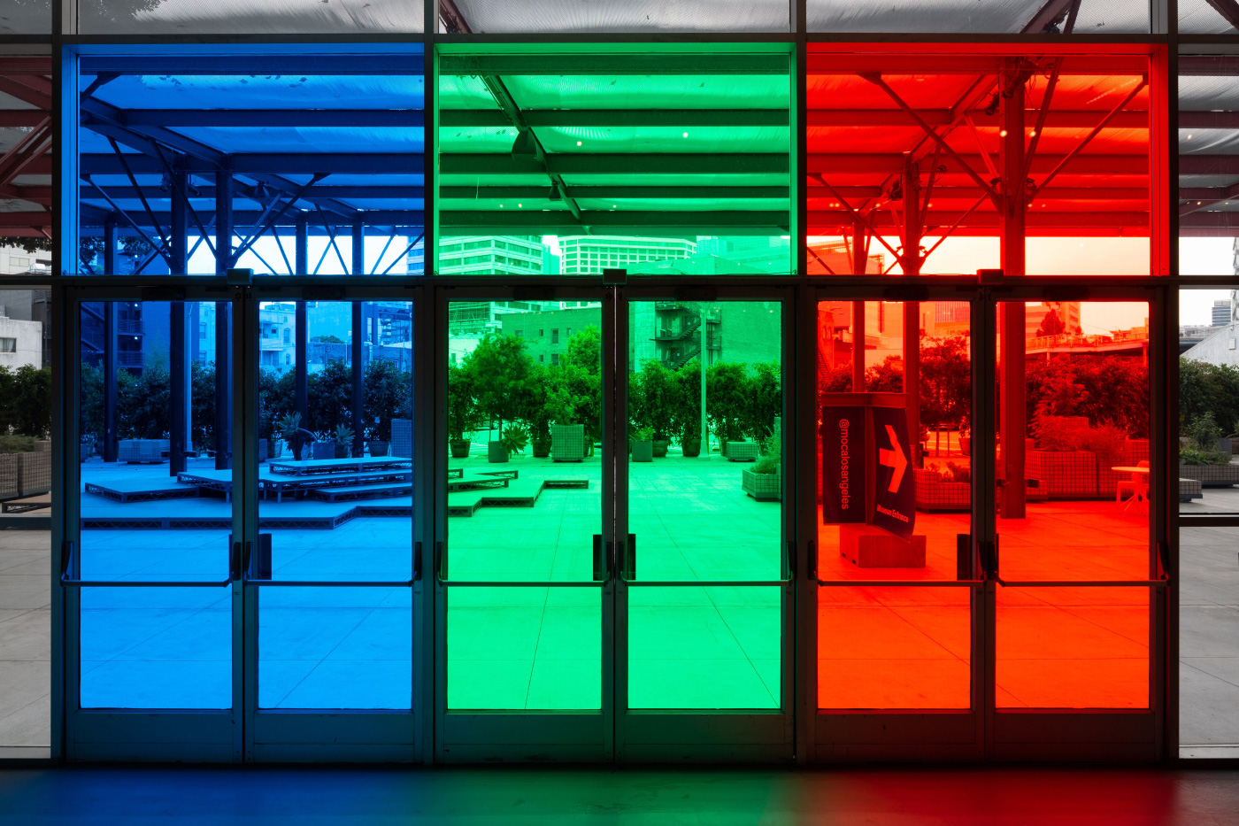 Installation view of multicolor doors leading to the MOCA