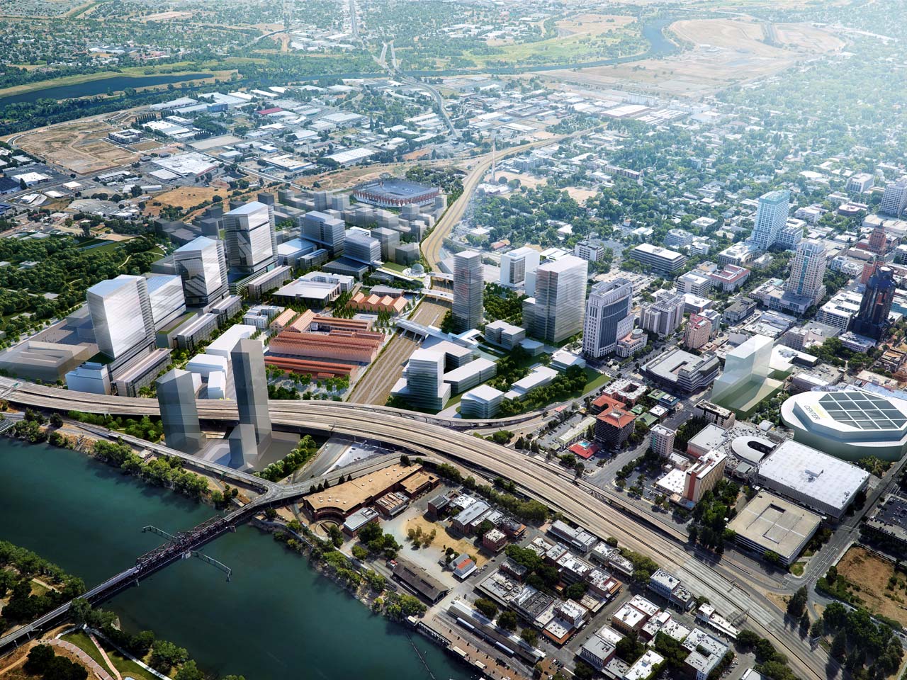 Aerial view of downtown development over existing railyards in Sacramento River