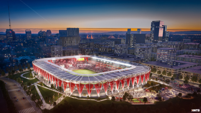Aerial rendering of square-shaped soccer stadium with red inverted triangles acting as supports beneath a solar-powered canopy