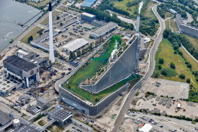 Aerial image of Copenhill, a triangular power plant