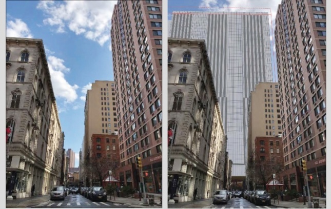 Side by side comparison of New York street with second image of tower covering a city block