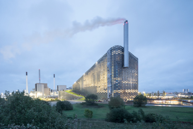 Photo of a triangular power plant with smokestack