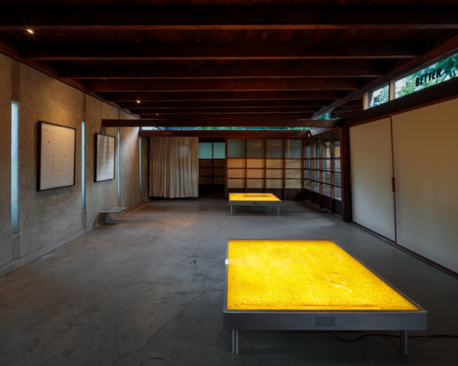 Illuminated tables in a concrete gallery