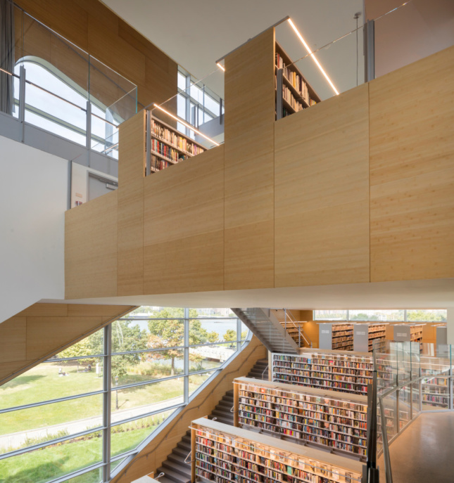 Interior view of a timber-clad library space