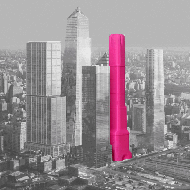 A collection of pink sex toys shaped like towers in a Hudson Yards model