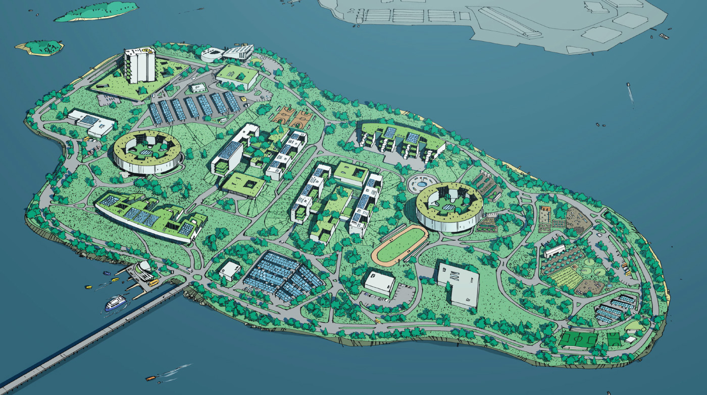 A drawing of Rikers Island in New York shows a new proposal for the jail system