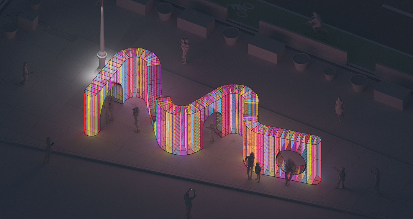 rendering of a multi-colored art installation located in a public plaza in new york city