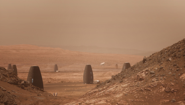 Several hive-shaped structures on the Martian surface, an example of space design