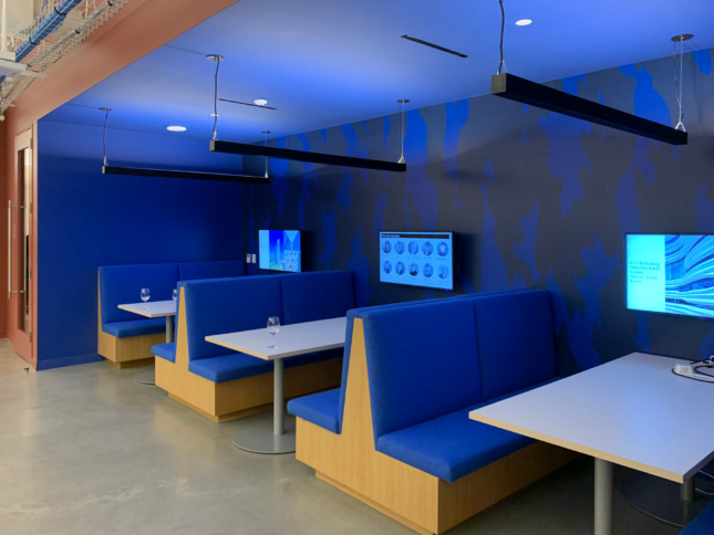 Blue booths in an office