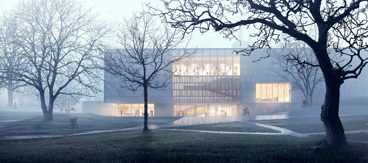 Rendering of light-filled museum in fog