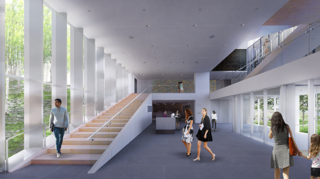 Interior rendering of light-filled lobby in the new Bruce Museum