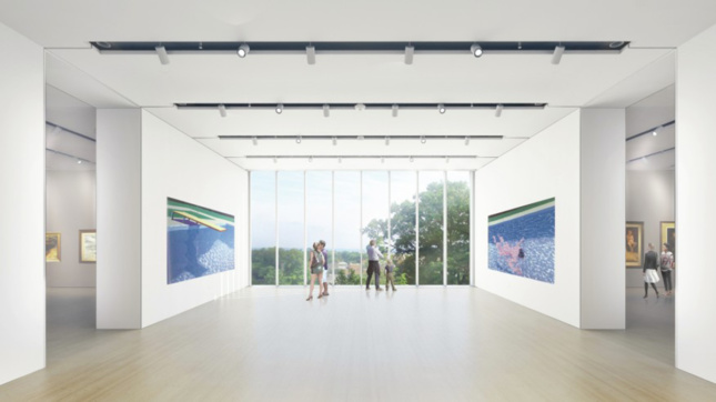Interior rendering of art gallery with large window