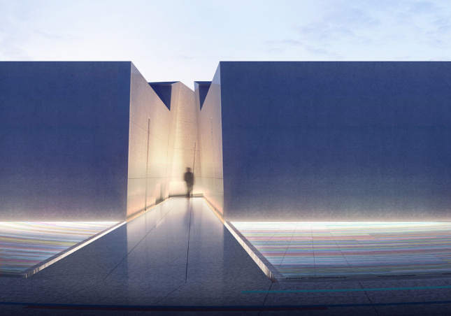 Rendering of memorial pathway with rainbow colored palette on basin of reflection pool 