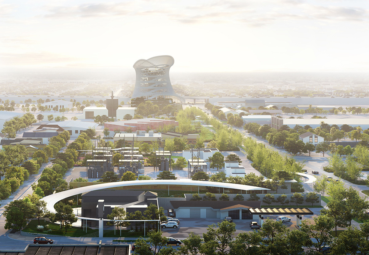 Aerial rendering of memorial and museum masterplan with towering spiral structure in distance