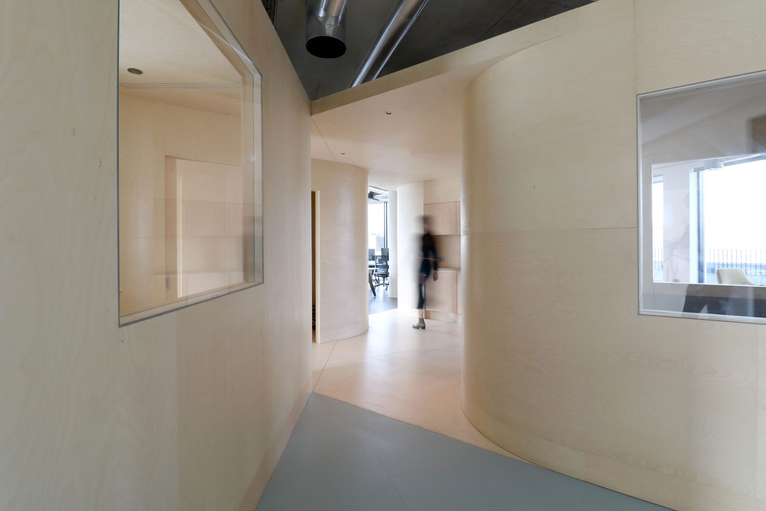 Interior of a plywood-clad office