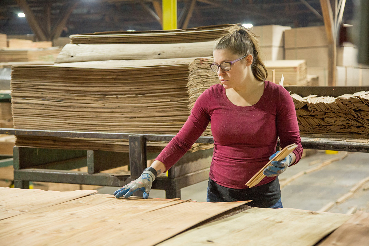Women touching lumber panel in factory