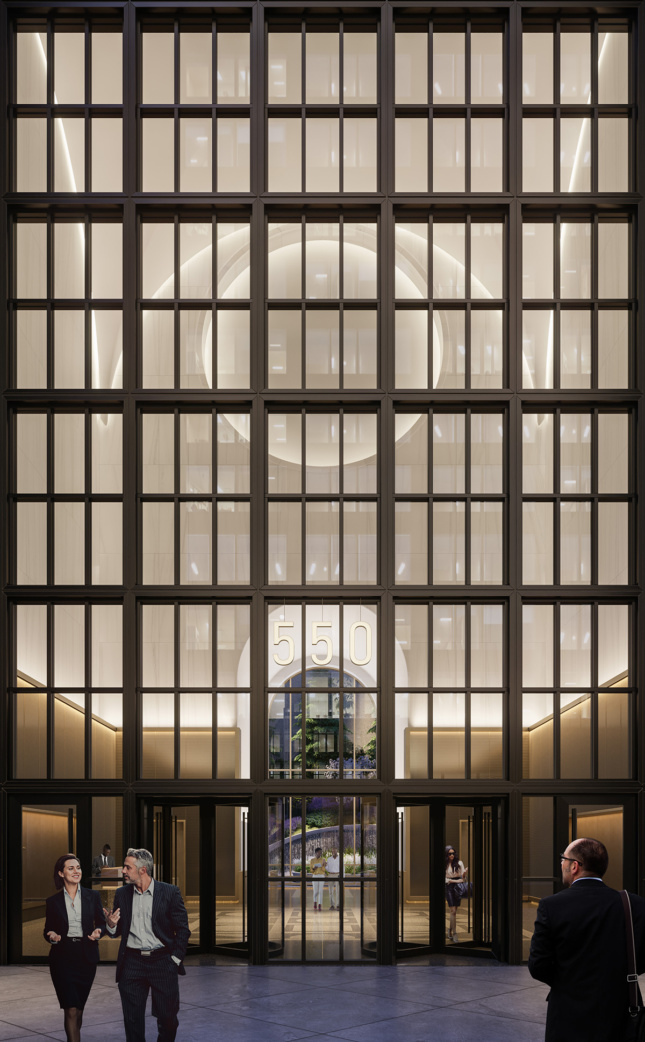 A grid of glass windows looks onto the new lobby of the AT&T Building.