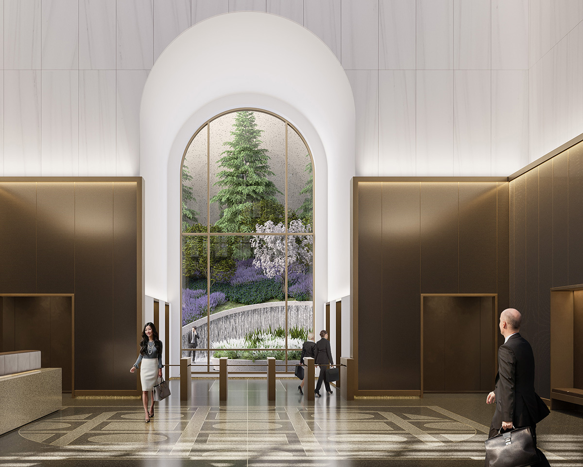 A lobby with geometric granite floor tiles, a low brass accented wall with white marble above. Through a mirror in an archway a garden is visible, in the AT&T Building