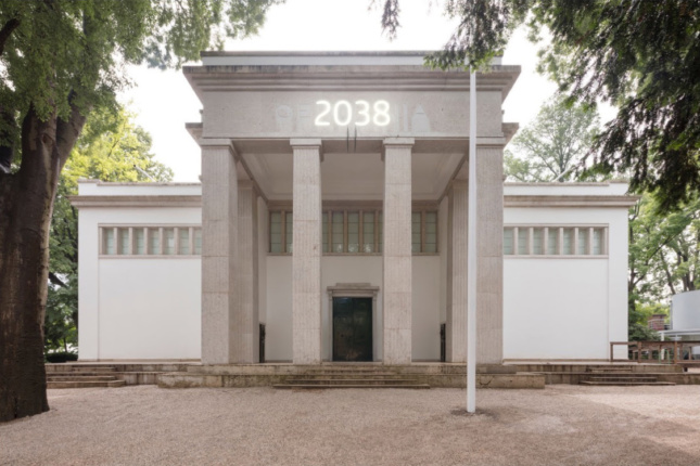 Rendering of stone building with the number 2038 on top at the Venice Architecture Biennale