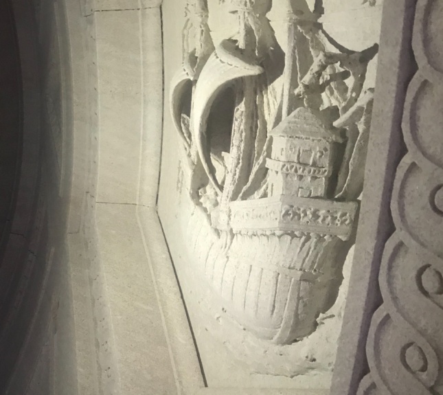 A detail of the sailboat relief on the Morgan Library porch ceiling 