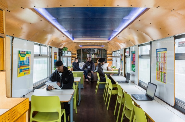 Interior of a bus converted to be a classroom