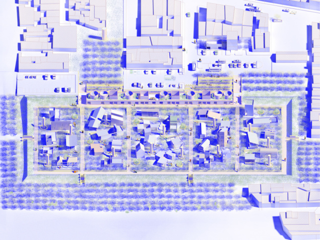 A blue and white rendering showing 32 different housing types