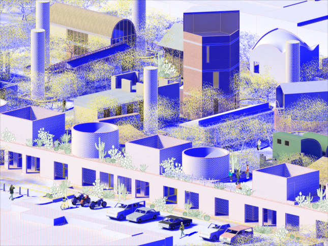 A blue and white rendering of a long flat building