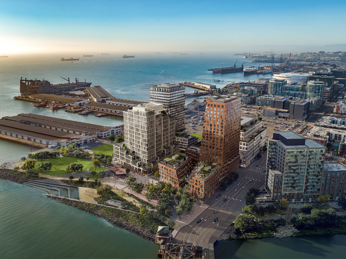 An aerial rendering of a brown tower with two lower sections split off among other towers on the San Francisco waterfront.