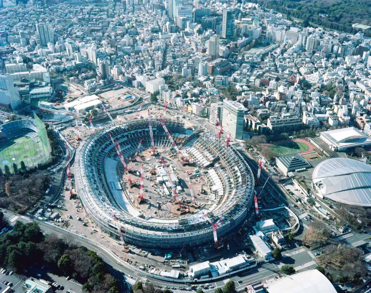 Aerial photo of Tokyo and an under construction stadium, presented at Made in Tokyo