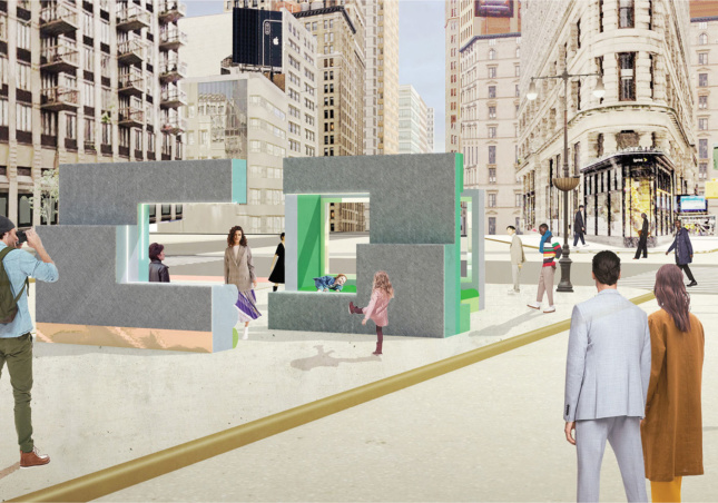 an rendering of a public design project shows people interacting with an installation located in a public square in new york city's flatiron district