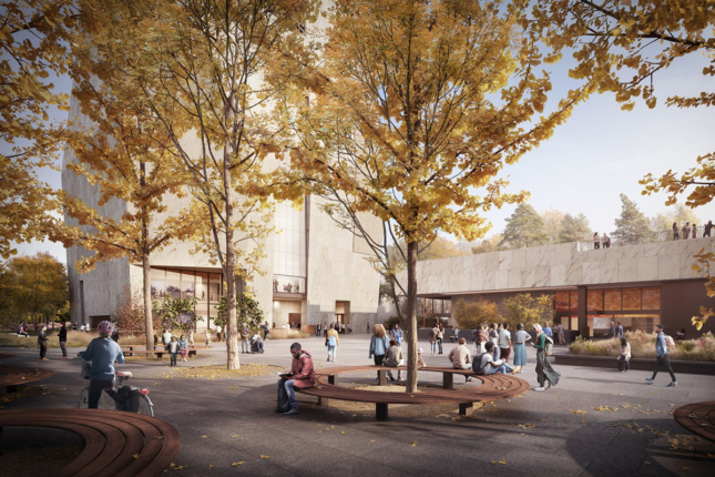 Exterior rendering of trees in the fall on the plaza of the complex