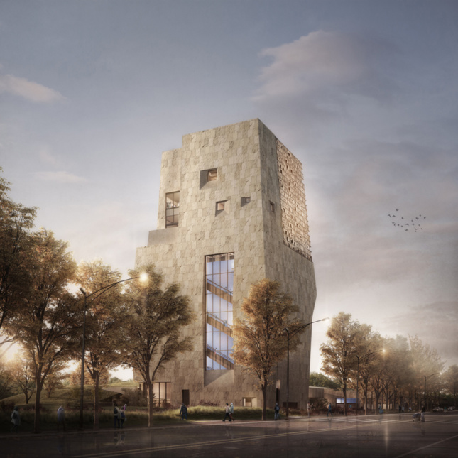 Exterior rendering of museum tower from main street 