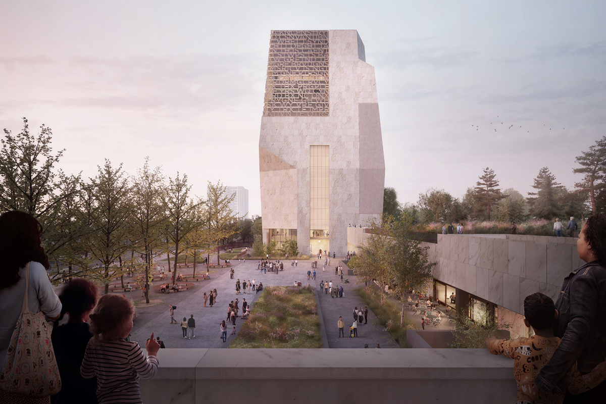Exterior rendering shown from end of landscaped plaza looking at museum tower