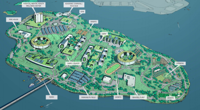 A drawing of a map shows New York City's Rikers Island in an alternative plan to the current jail system on the island.