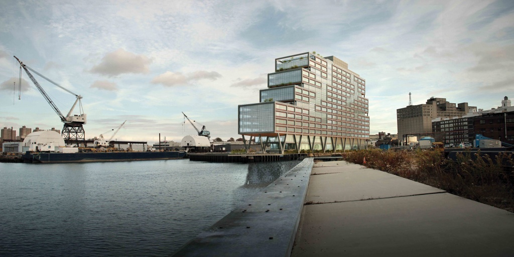A render of a large building on stilts on the river.