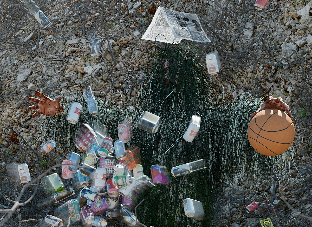 A person in a ghillie suit with empty cans and a basketball