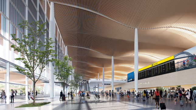 Interior rendering of a terminal arrivals gate
