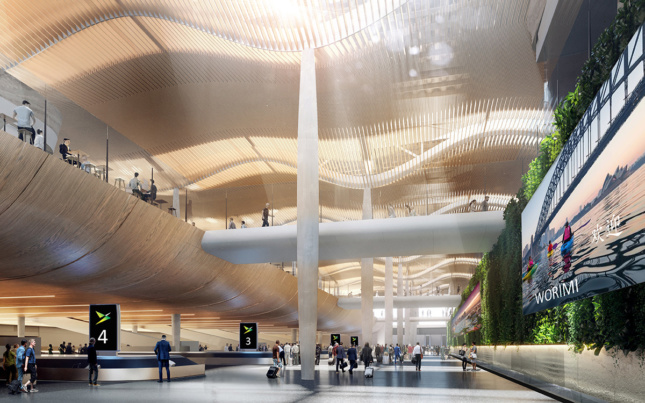 Interior rendering of airport terminal with daylight shining through timber slatted undulating ceiling in the new Sydney Airport