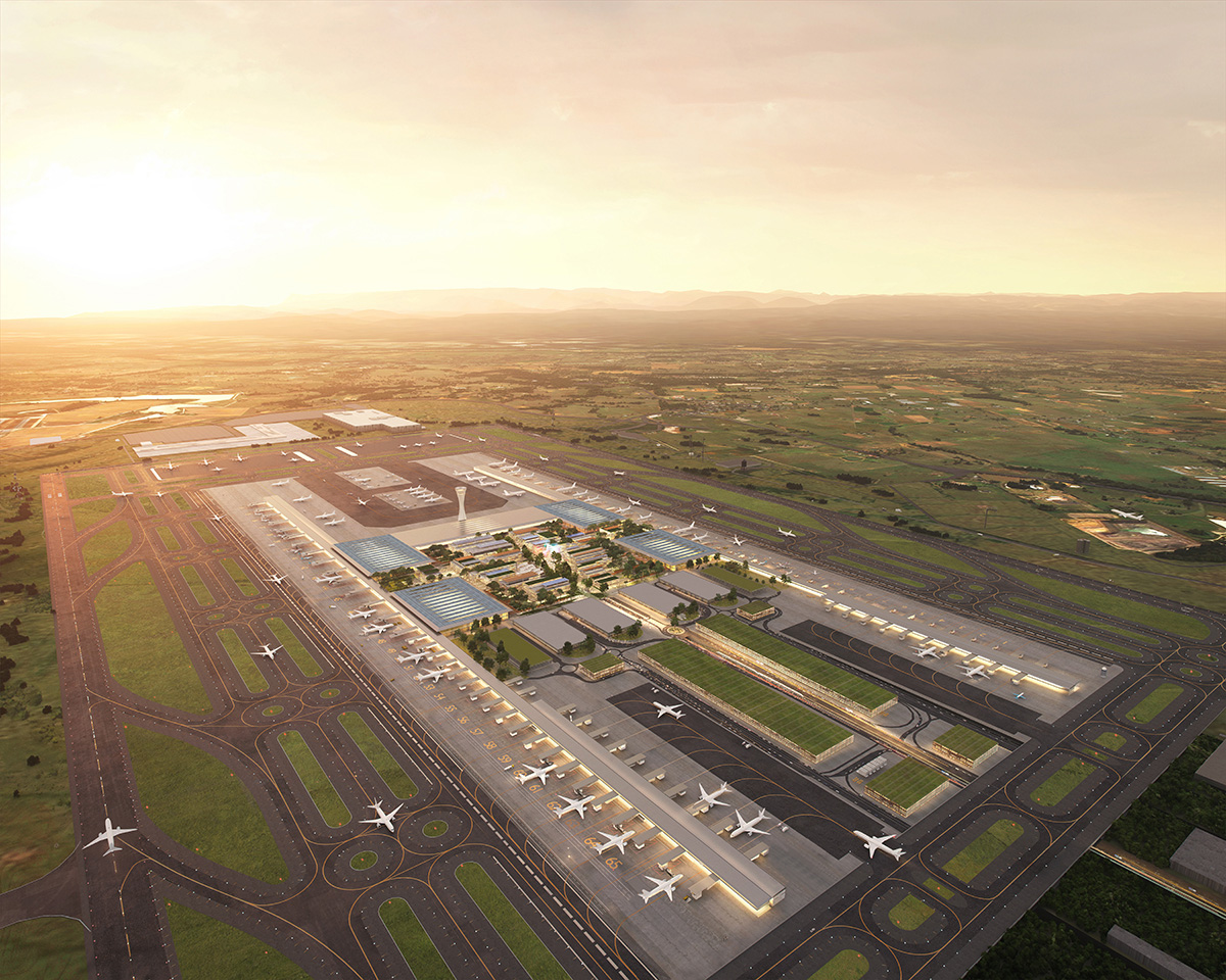 Aerial rendering of greenfield airport in Western Sydney, one of the projects ZHA left architects declare over